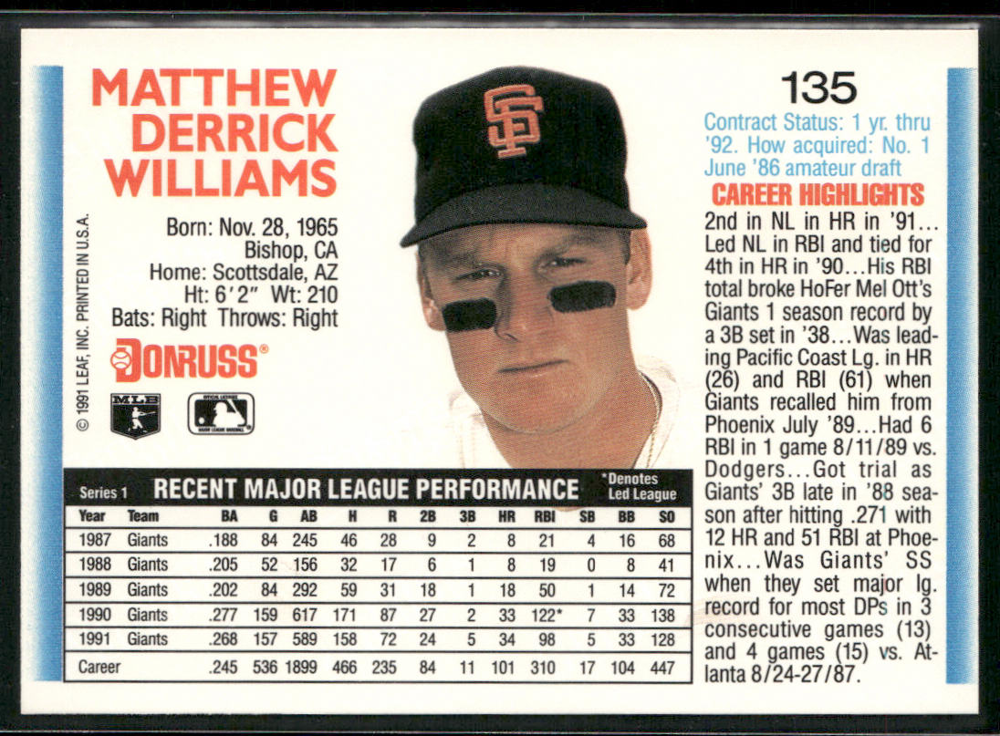 Matt Williams 1992 Donruss #135 San Francisco Giants