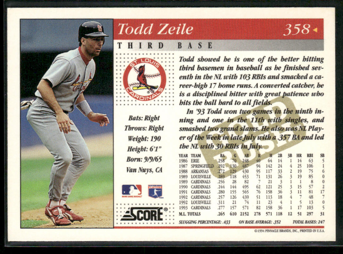 Todd Zeile 1994 Score Gold Rush #358 St. Louis Cardinals