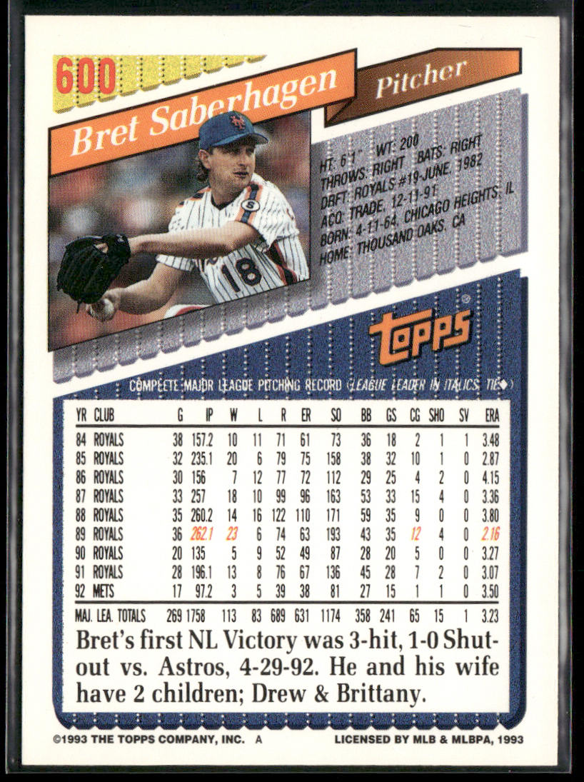 Bret Saberhagen 1993 Topps #600 New York Mets