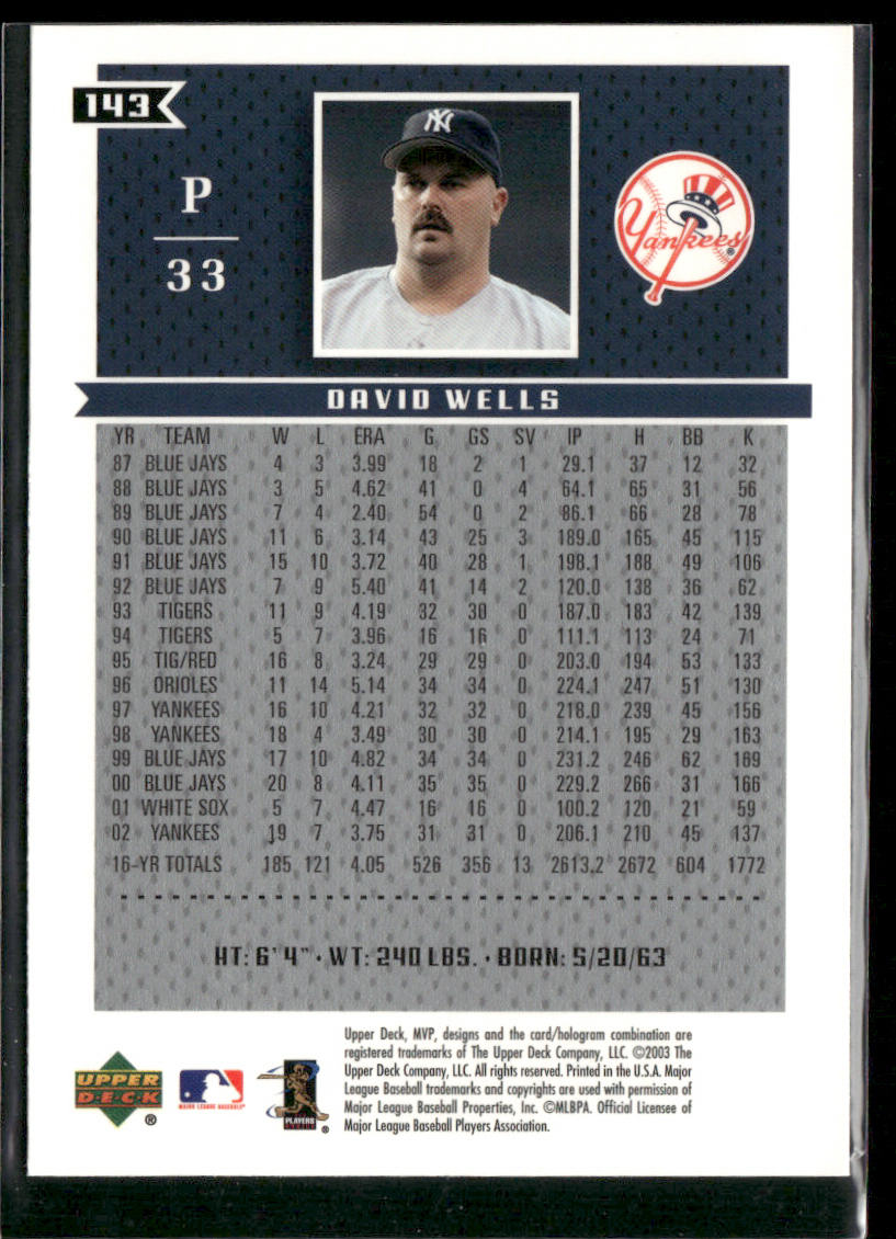 David Wells 2003 Upper Deck MVP #143 New York Yankees