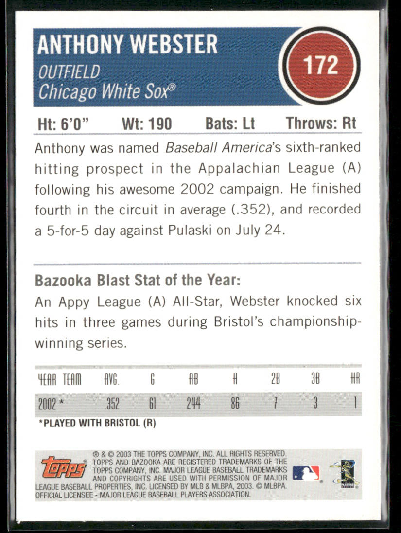 Anthony Webster 2003 Bazooka #172 RC Chicago White Sox