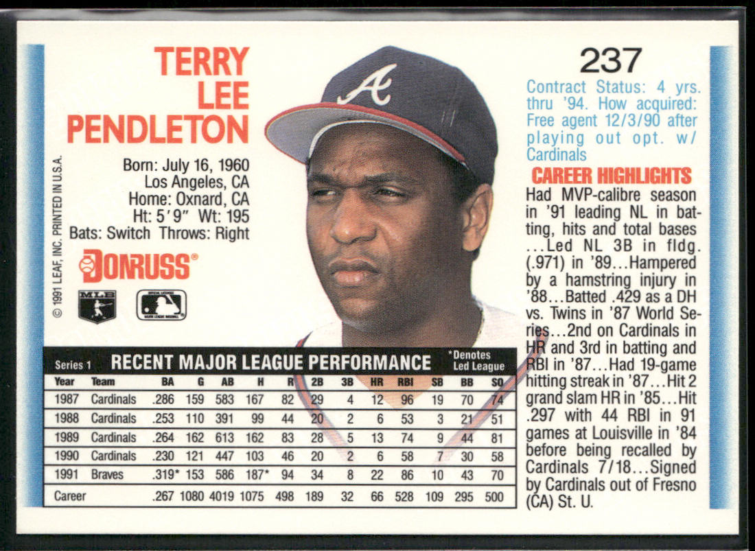 Terry Pendleton 1992 Donruss #237b Atlanta Braves