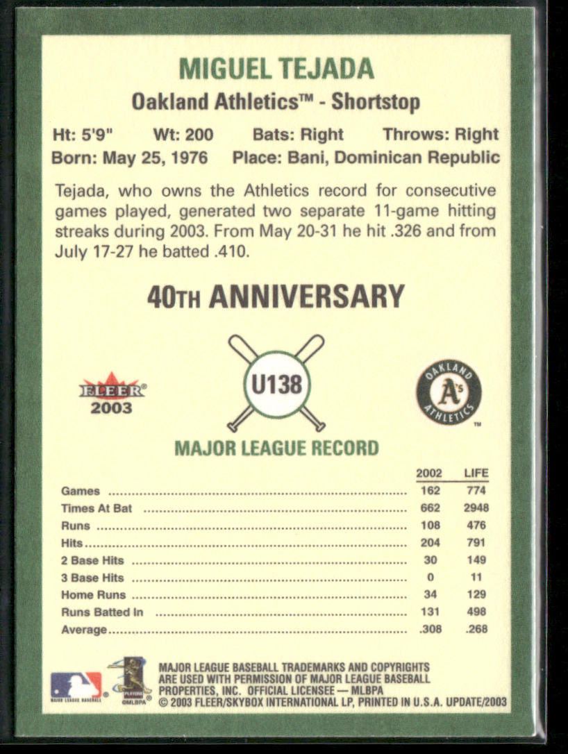 Miguel Tejada 2003 Fleer Tradition Update #U138 Oakland Athletics