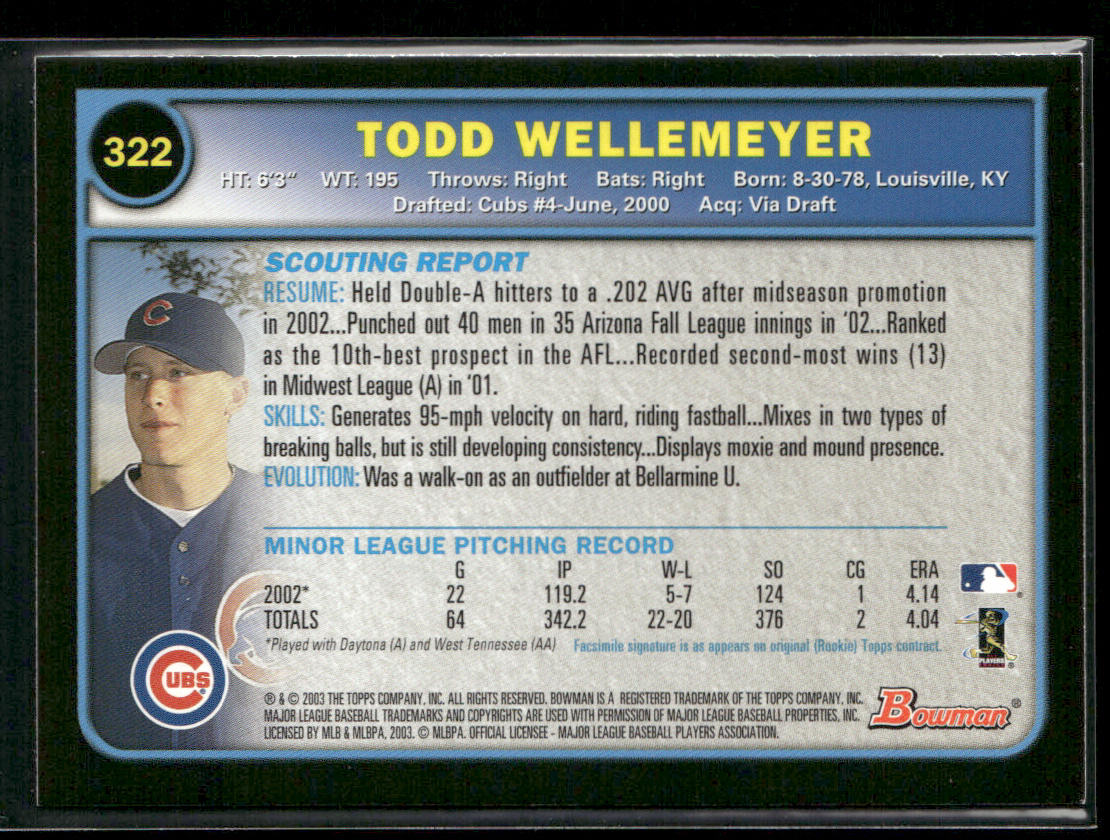 Todd Wellemeyer 2003 Bowman #322 RC Chicago Cubs