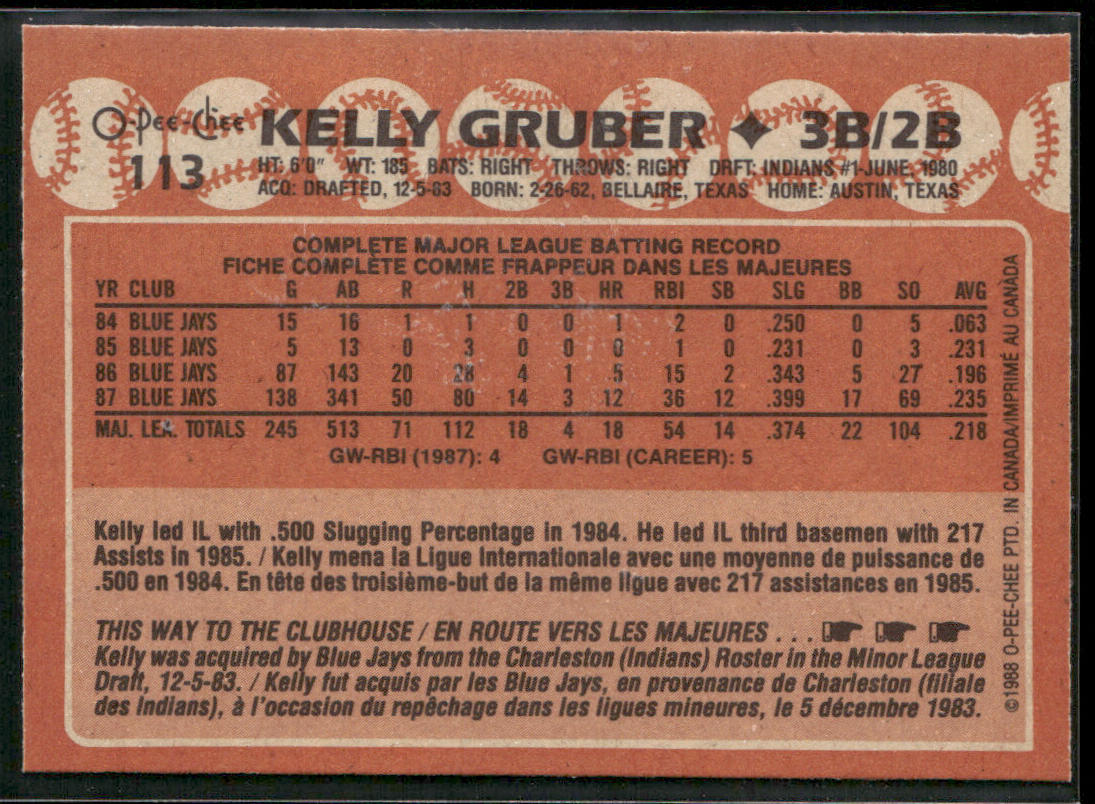 Kelly Gruber 1988 Topps #113 Toronto Blue Jays