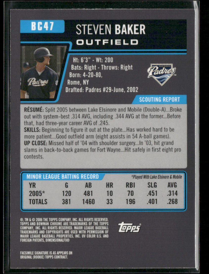 Steven Baker 2006 Bowman Chrome Prospects #BC47 San Diego Padres