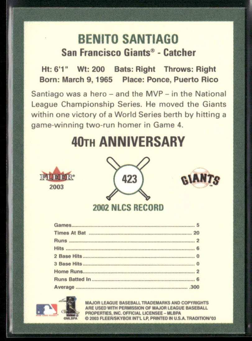 Benito Santiago 2003 Fleer Tradition #423 San Francisco Giants