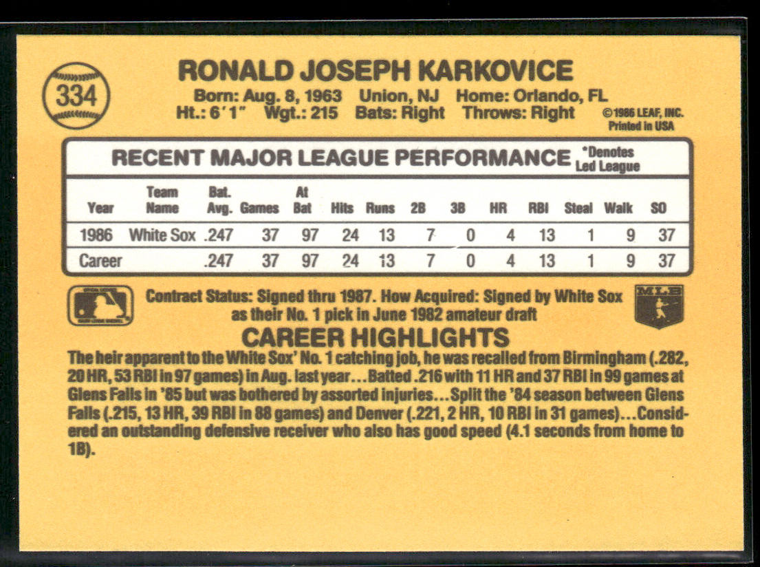 Ron Karkovice 1987 Donruss #334 RC Chicago White Sox