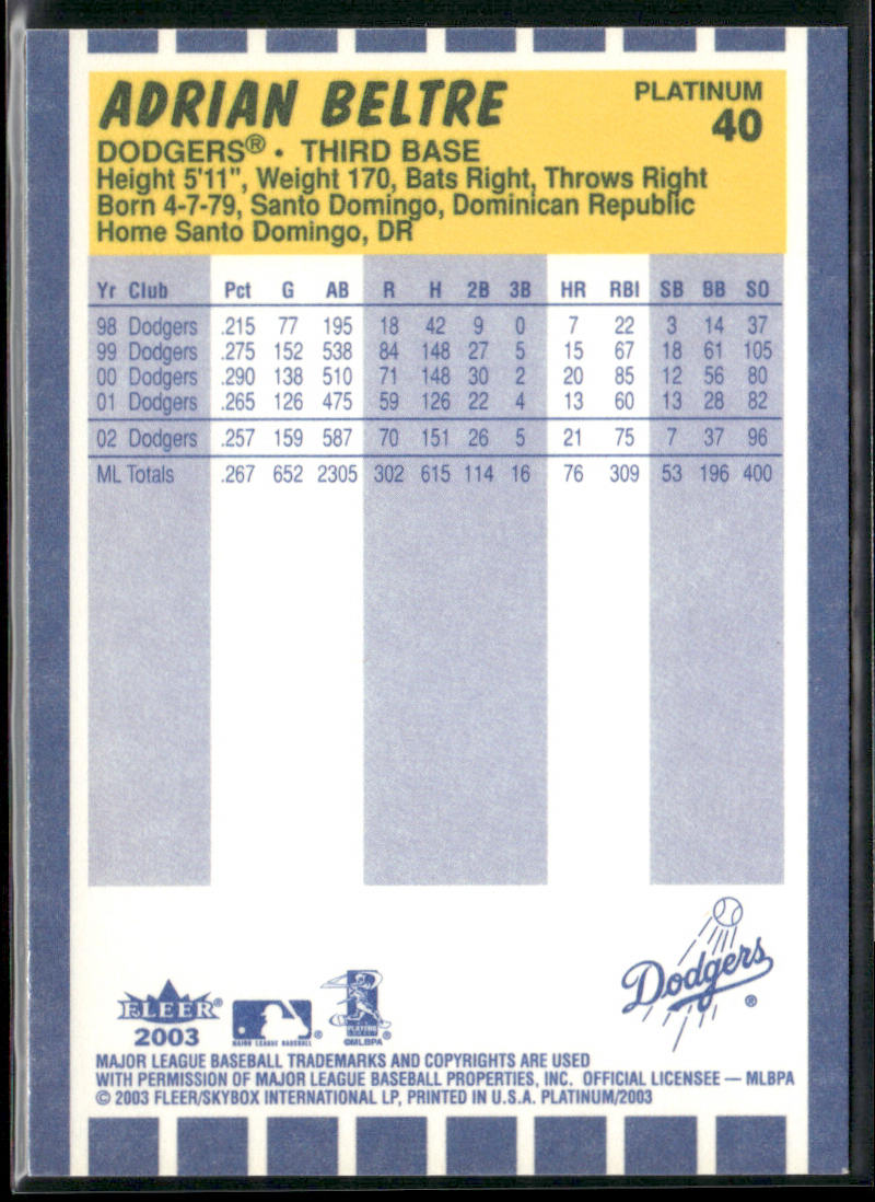 Adrian Beltre 2003 Fleer Platinum #40 Los Angeles Dodgers