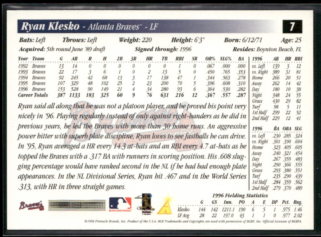 Ryan Klesko 1997 Score #7 Atlanta Braves
