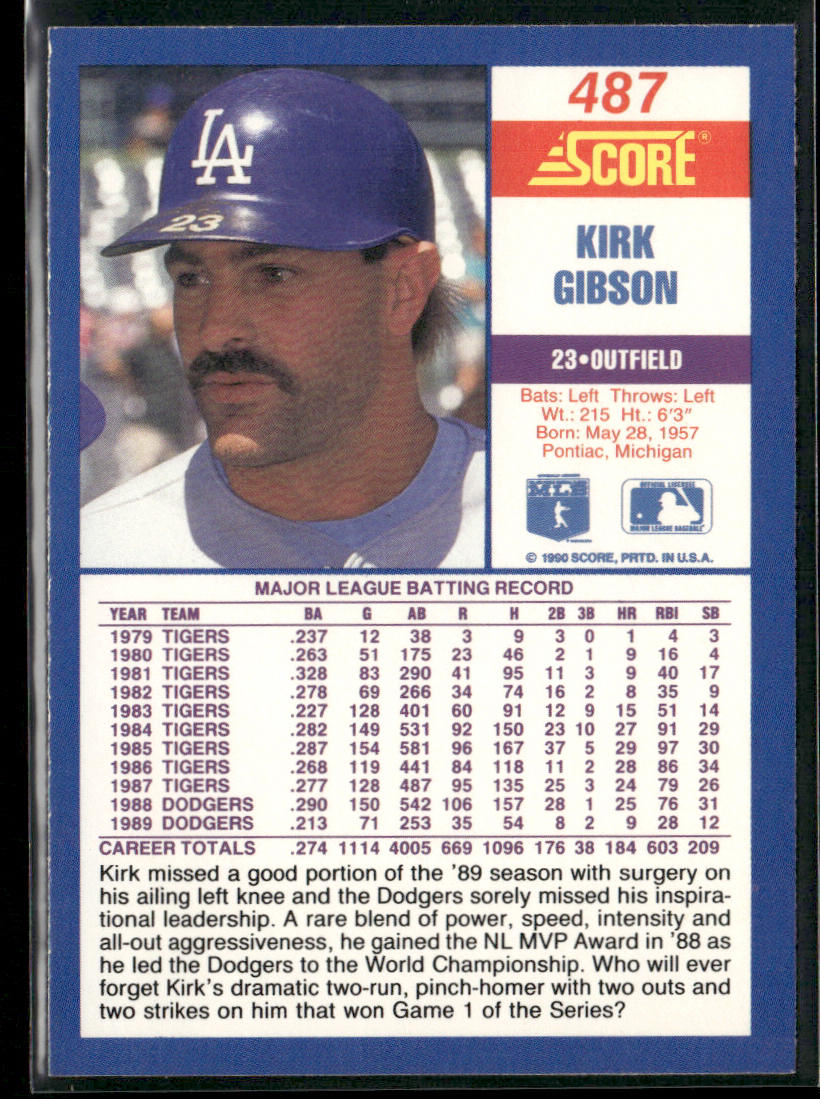 Kirk Gibson 1990 Score #487 Los Angeles Dodgers
