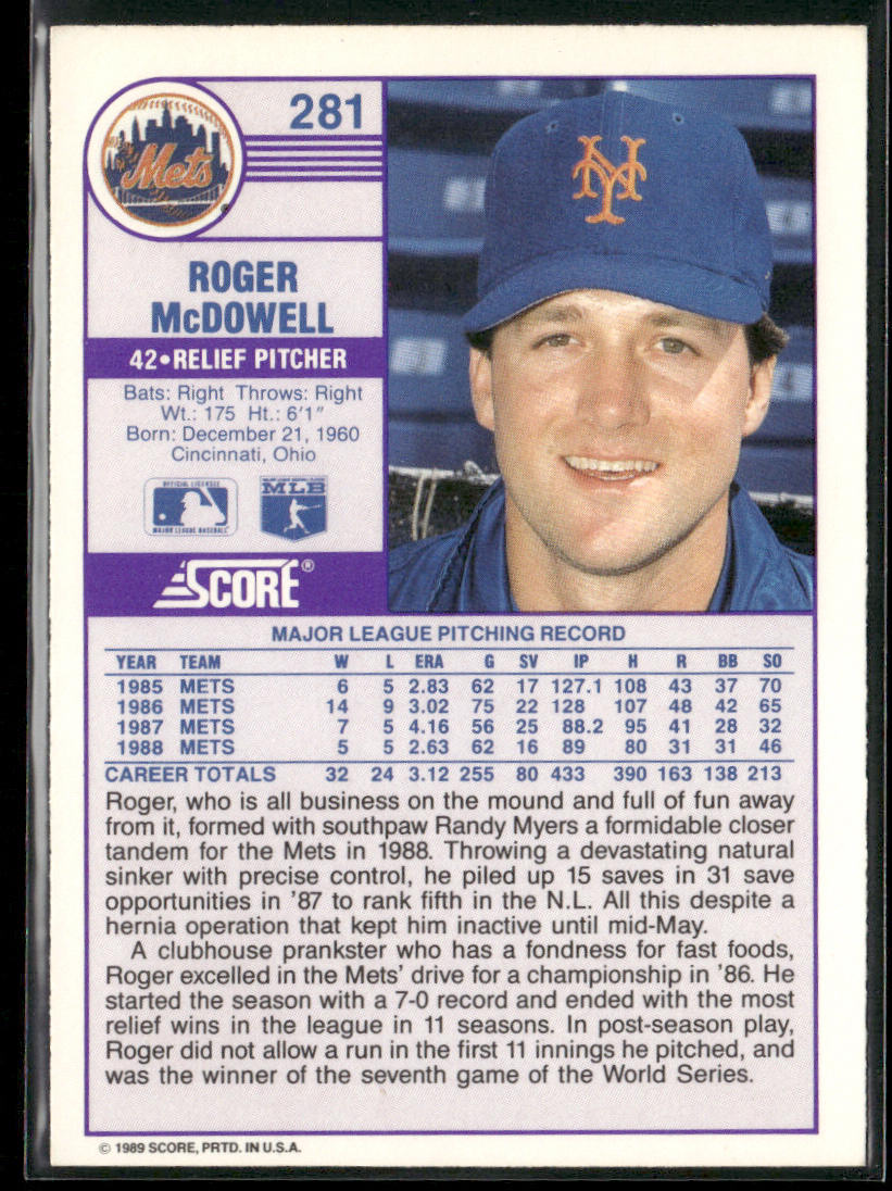 Roger McDowell 1989 Score #281 New York Mets