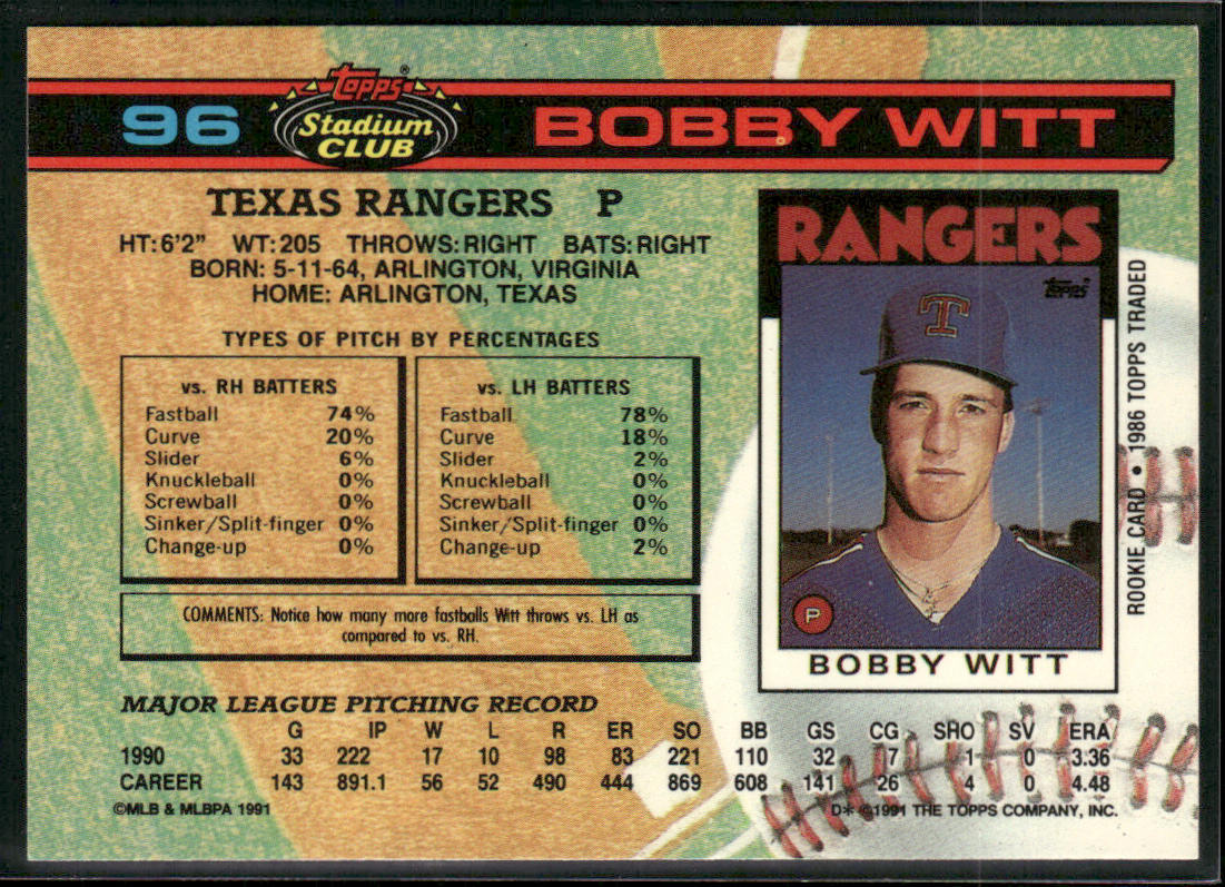 Bobby Witt 1991 Stadium Club #96b Texas Rangers