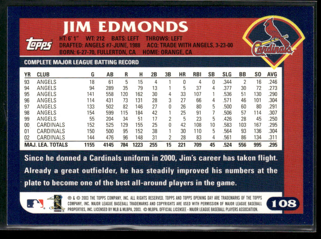 Jim Edmonds 2003 Topps Opening Day #108 St. Louis Cardinals