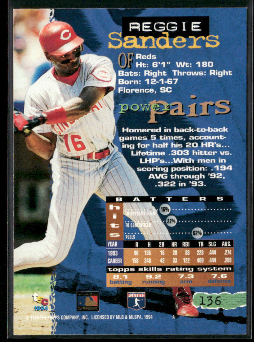 Reggie Sanders 1994 Stadium Club #136 Cincinnati Reds