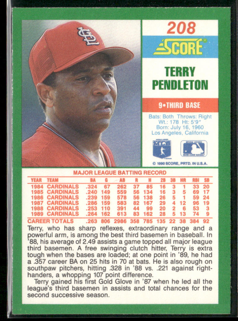Terry Pendleton 1990 Score #208 St. Louis Cardinals