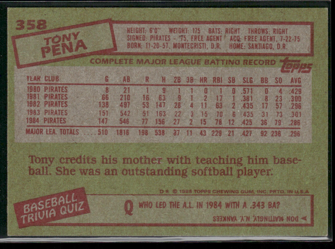 Tony Pena 1985 Topps #358 Pittsburgh Pirates