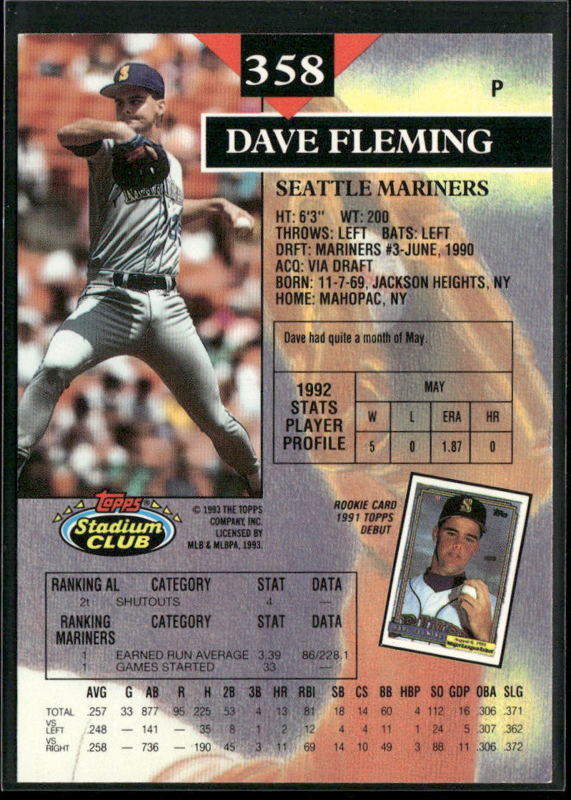 Dave Fleming 1993 Stadium Club #358 Seattle Mariners