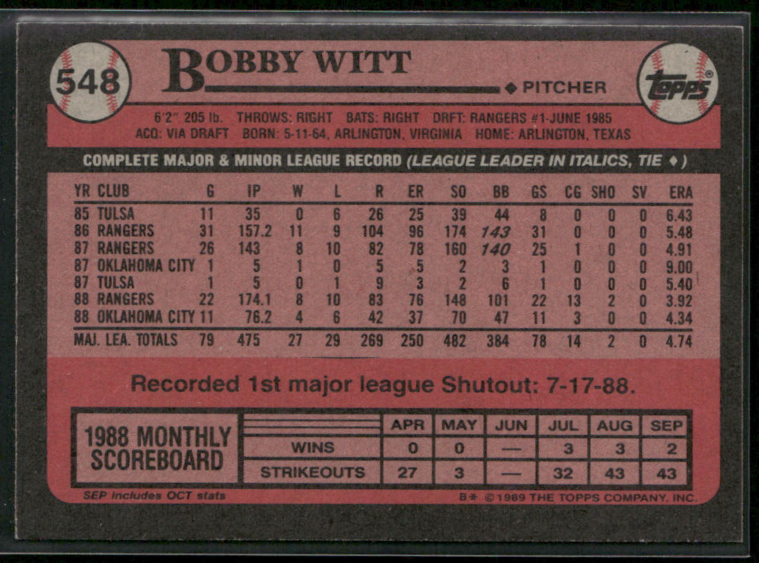 Bobby Witt 1989 Topps #548 Texas Rangers