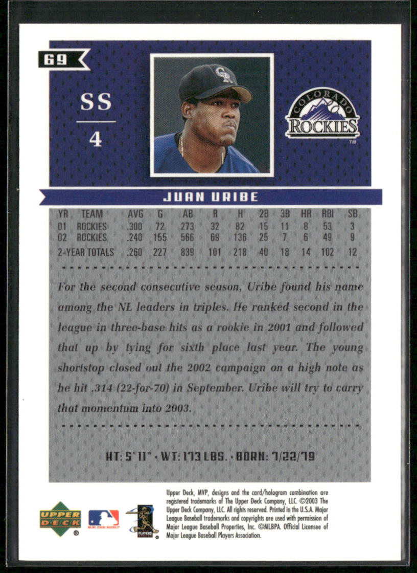 Juan Uribe 2003 Upper Deck MVP #69 Colorado Rockies