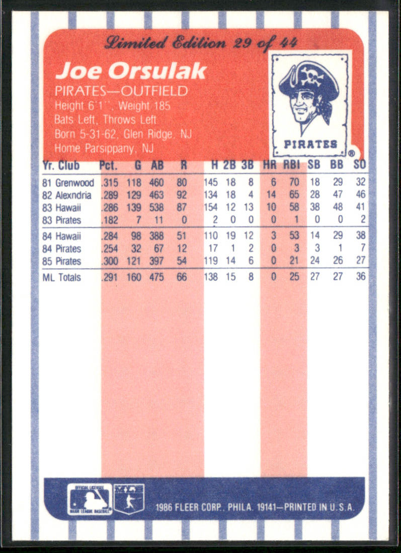 Joe Orsulak 1986 Fleer League Leaders #29 Pittsburgh Pirates