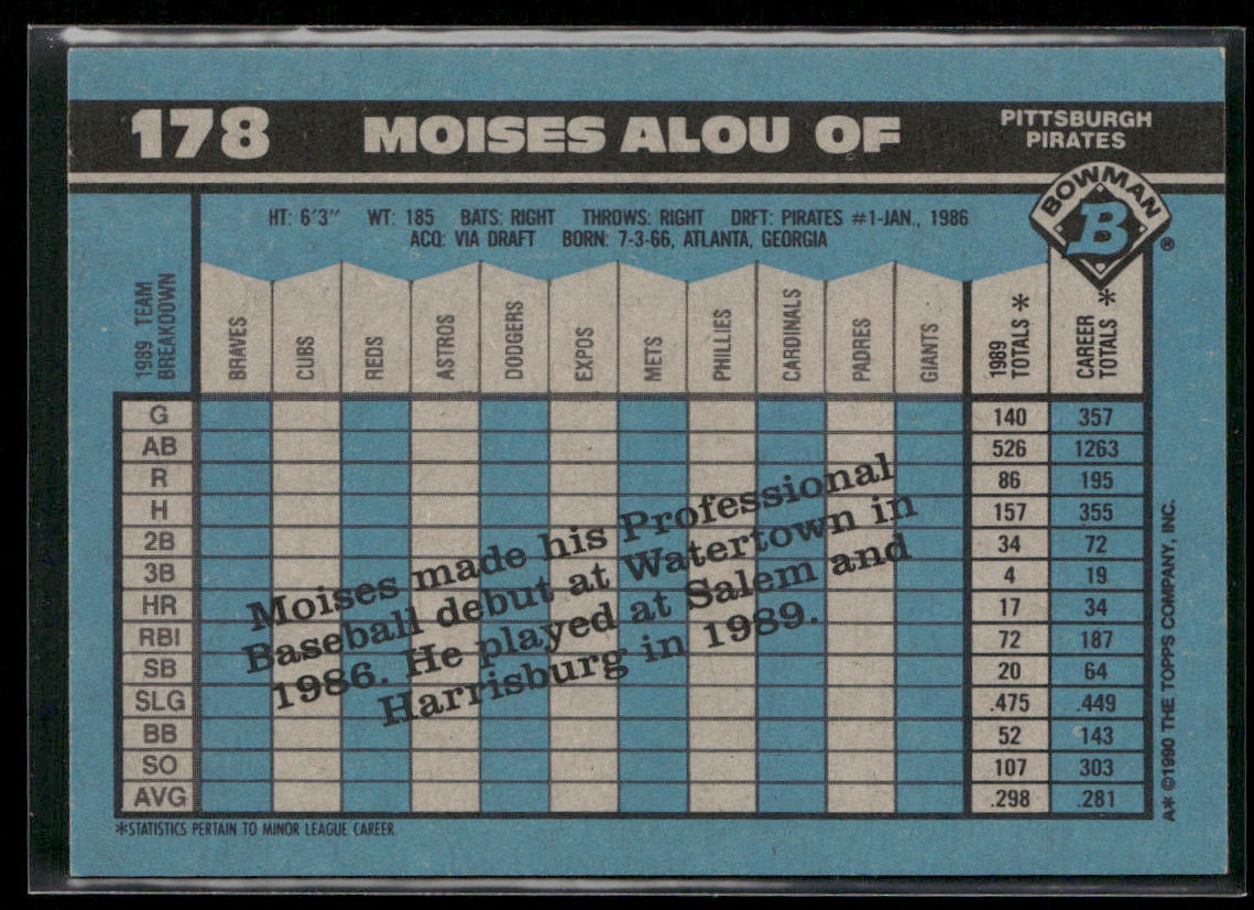 Moises Alou 1990 Bowman #178 RC Pittsburgh Pirates