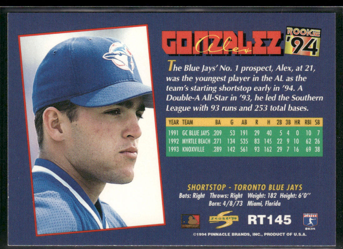 Alex Gonzalez 1994 Score Rookie & Traded #RT145 Toronto Blue Jays