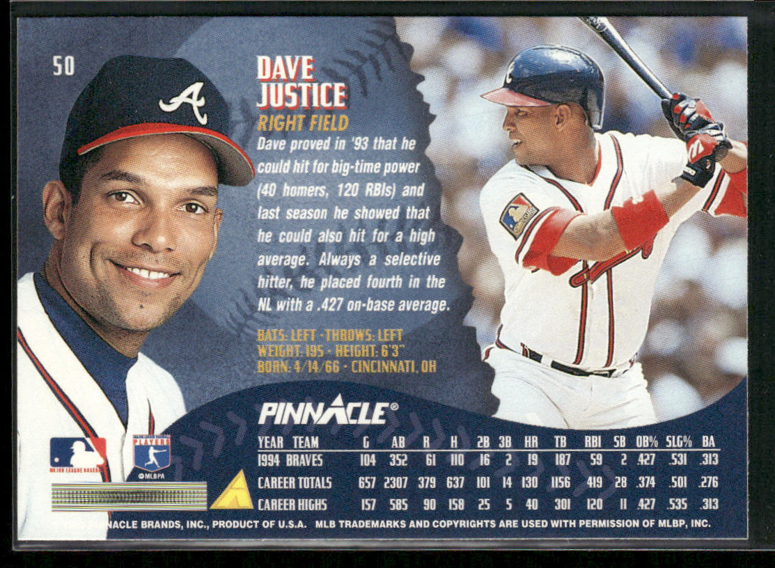 Dave Justice 1995 Pinnacle #50 Atlanta Braves