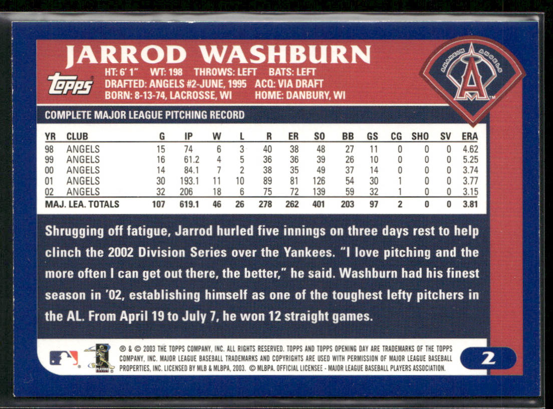 Jarrod Washburn 2003 Topps Opening Day #2 Anaheim Angels
