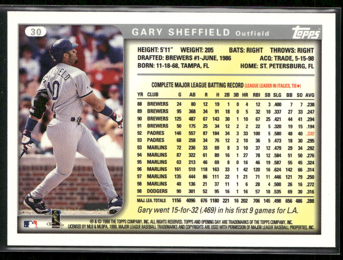 Gary Sheffield 1999 Topps Opening Day #30 Los Angeles Dodgers