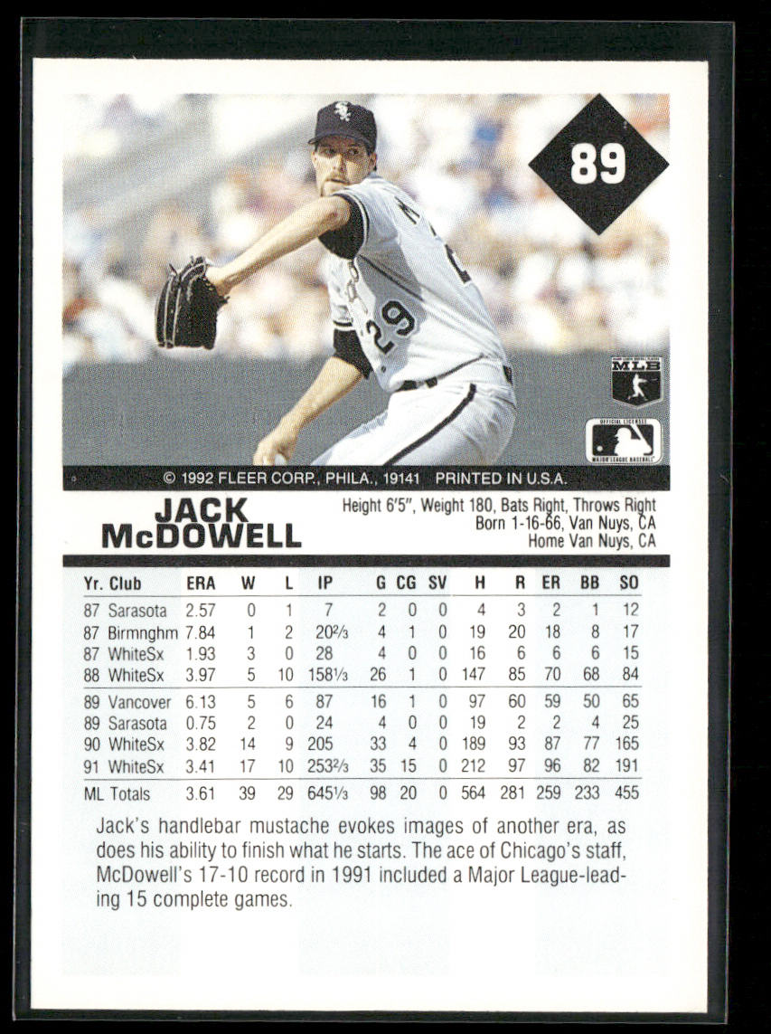 Jack McDowell 1992 Fleer #89b Chicago White Sox