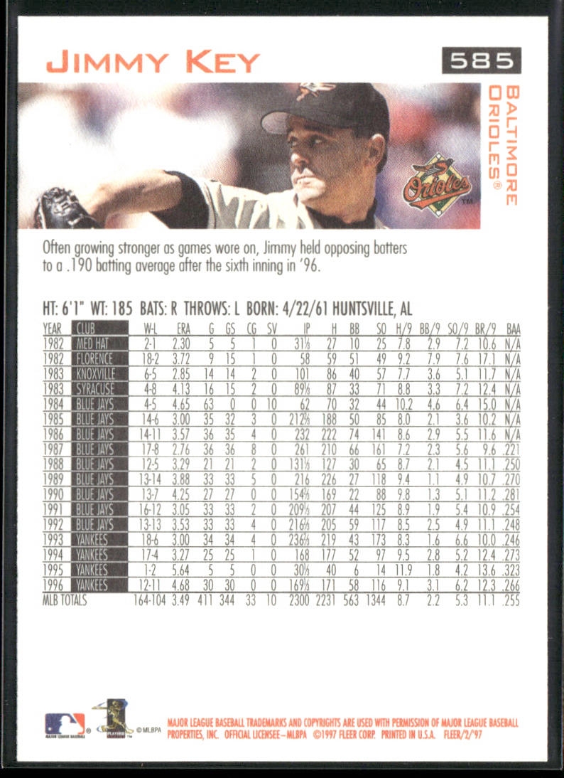 Jimmy Key 1997 Fleer #585 Baltimore Orioles