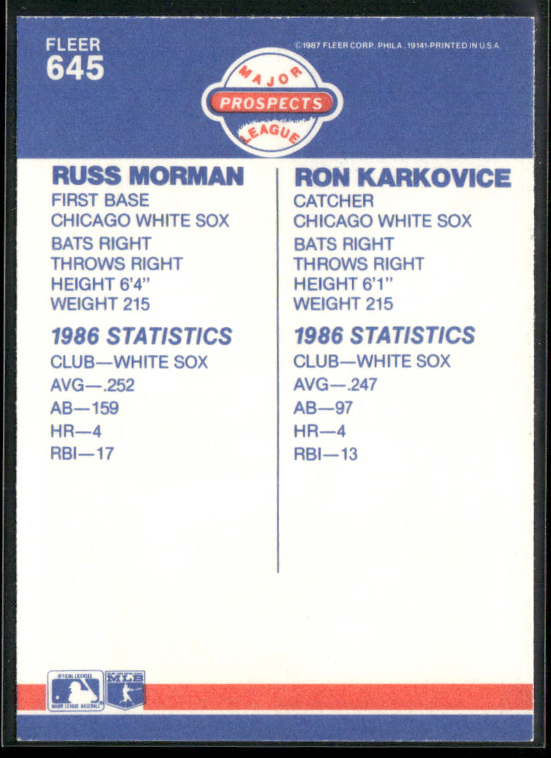 Russ Morman / Ron Karkovice MLP, RC 1987 Fleer #645 RC Chicago White Sox