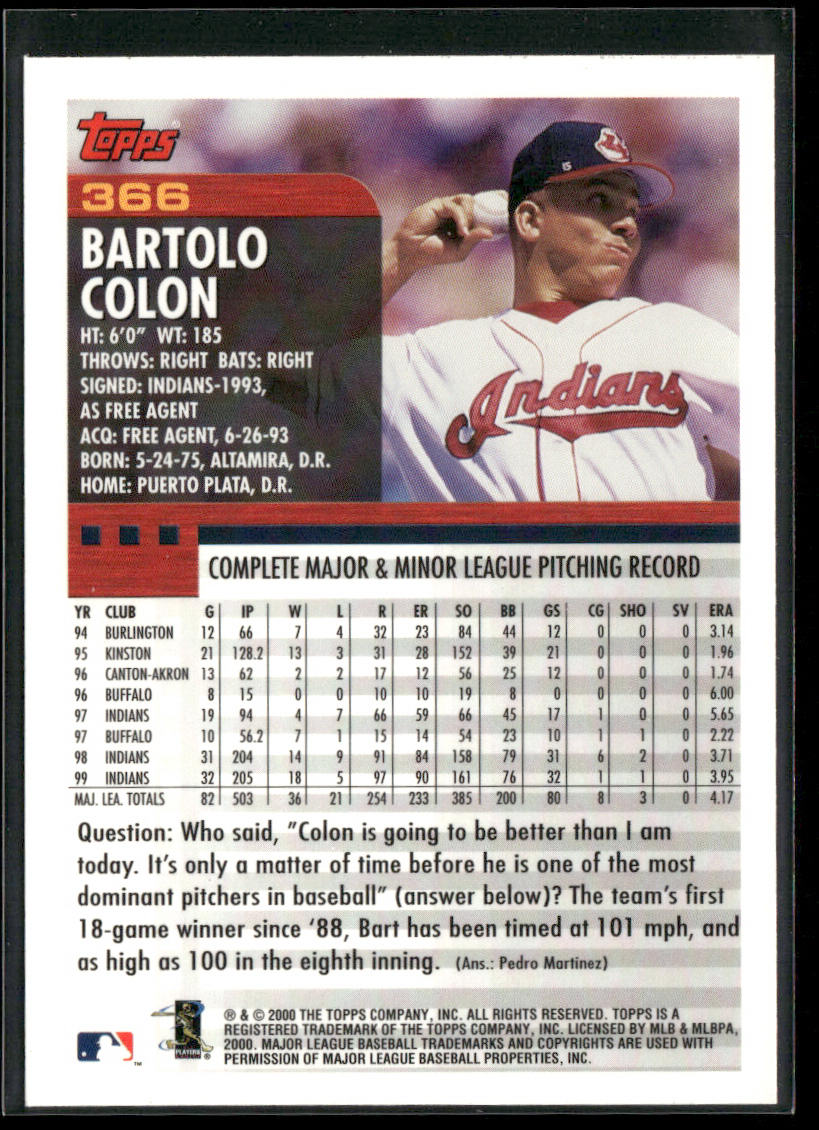 Bartolo Colon 2000 Topps #366 Cleveland Indians