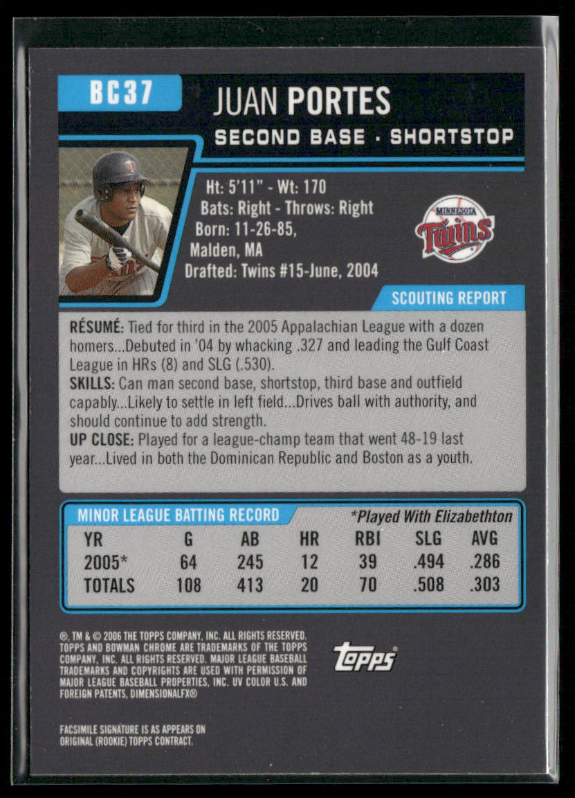 Juan Portes 2006 Bowman Chrome Prospects #BC37 Minnesota Twins