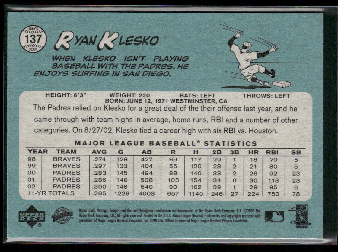 Ryan Klesko 2003 Upper Deck Vintage #137 San Diego Padres