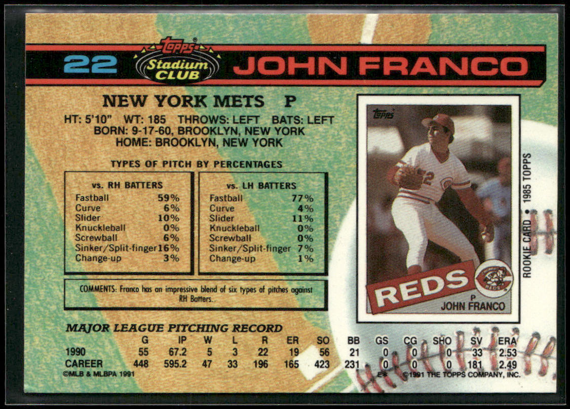 John Franco 1991 Stadium Club #22 New York Mets