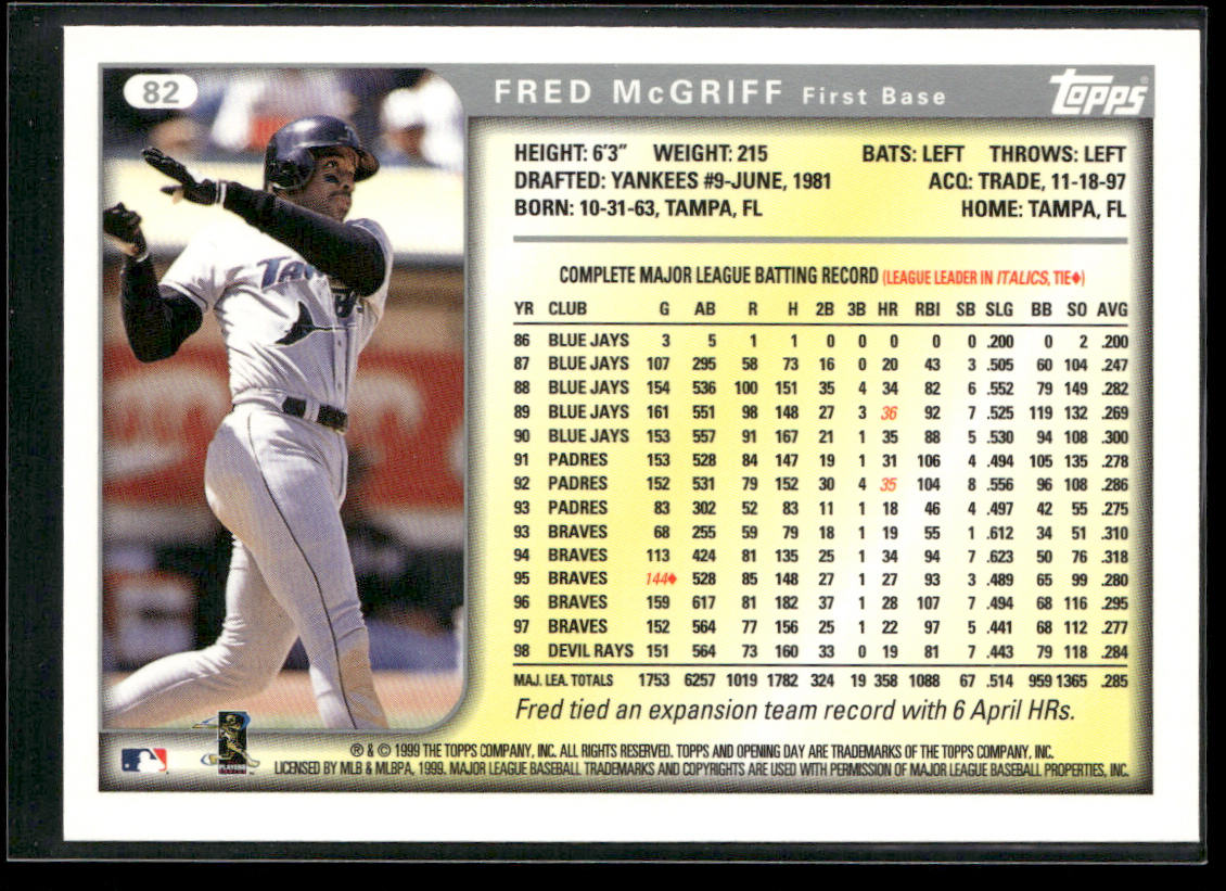 Fred McGriff 1999 Topps Opening Day #82 Tampa Bay Devil Rays