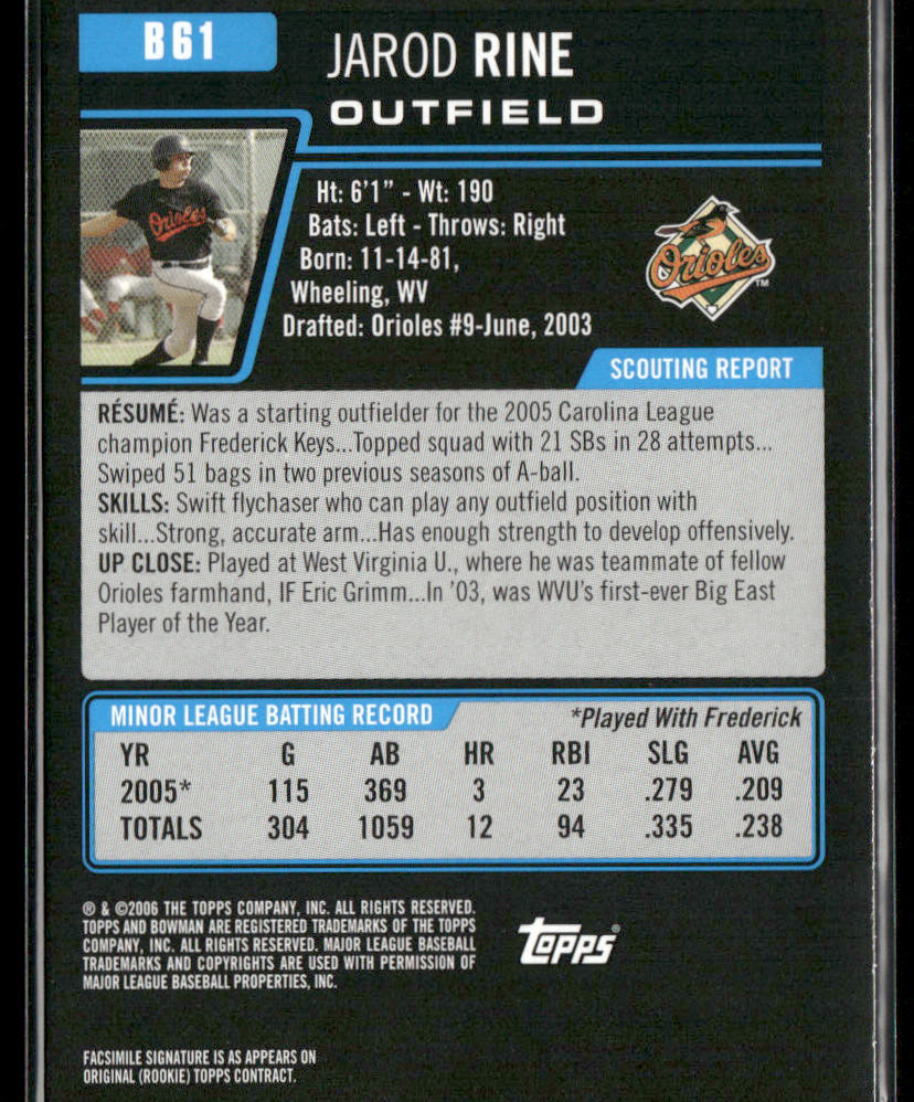 Jarod Rine 2006 Bowman Prospects #B61 Baltimore Orioles