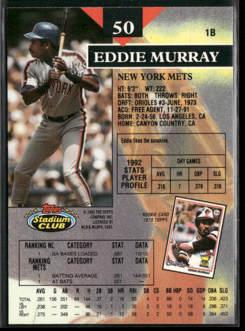 Eddie Murray 1993 Stadium Club #50 New York Mets