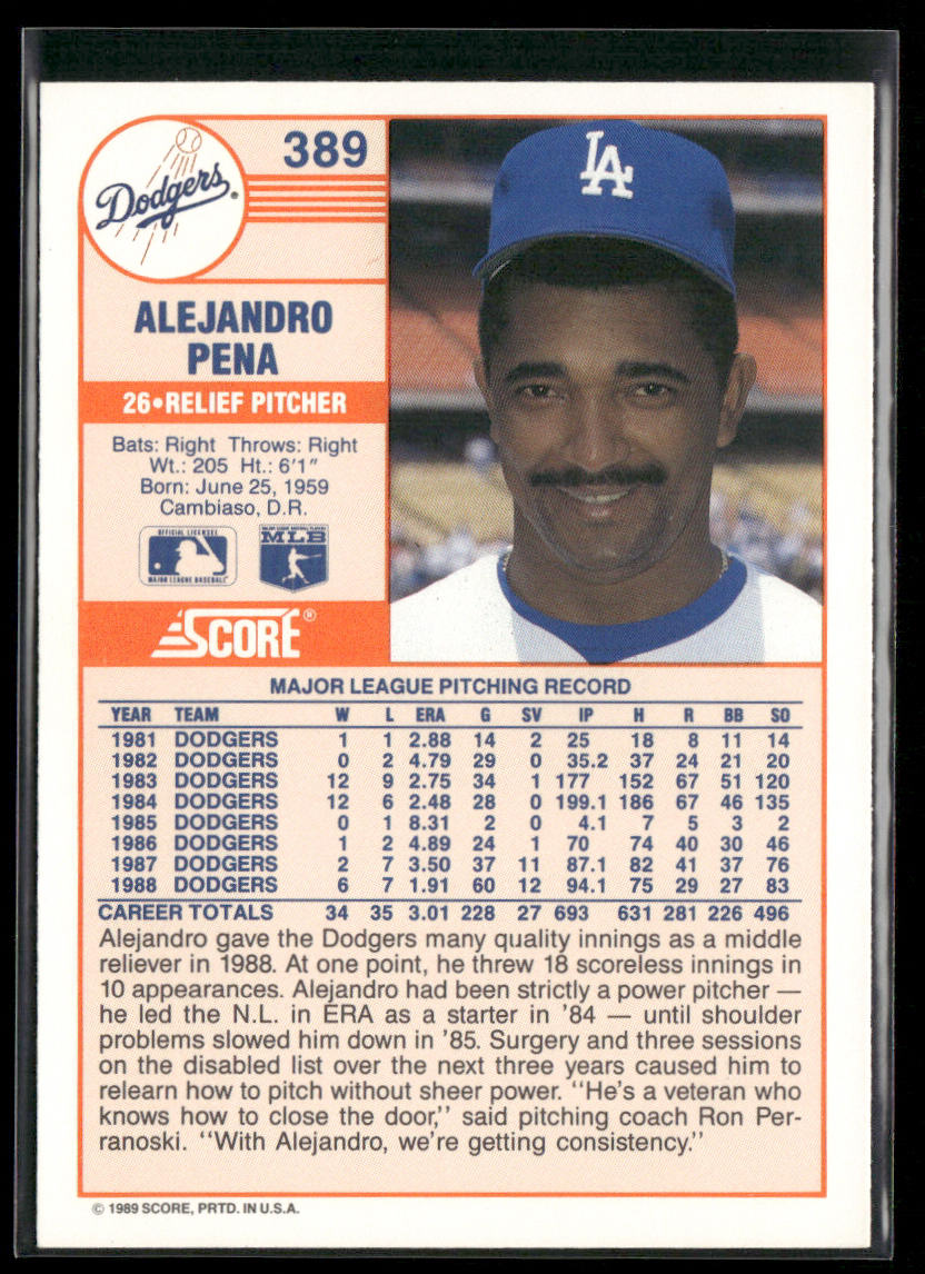 Alejandro Pena 1989 Score #389 Los Angeles Dodgers