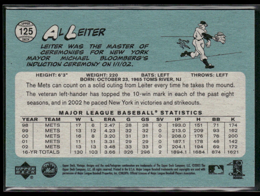 Al Leiter 2003 Upper Deck Vintage #125 New York Mets