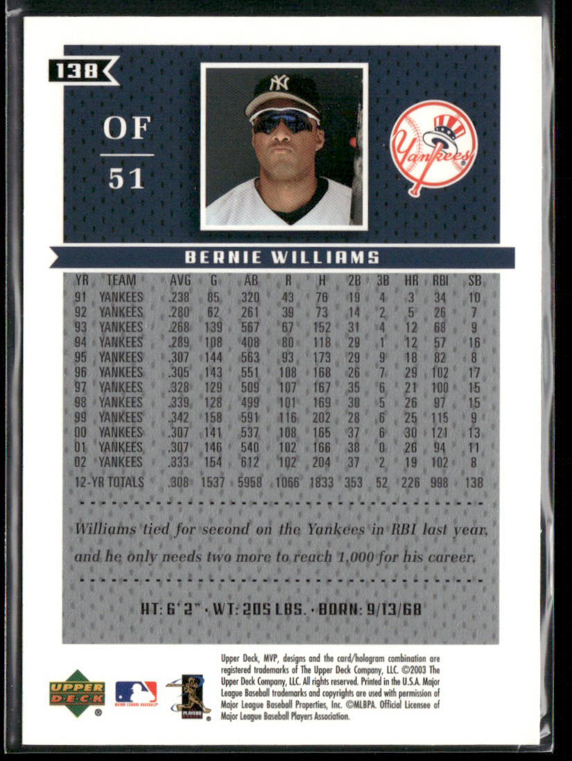 Bernie Williams 2003 Upper Deck MVP #138 New York Yankees