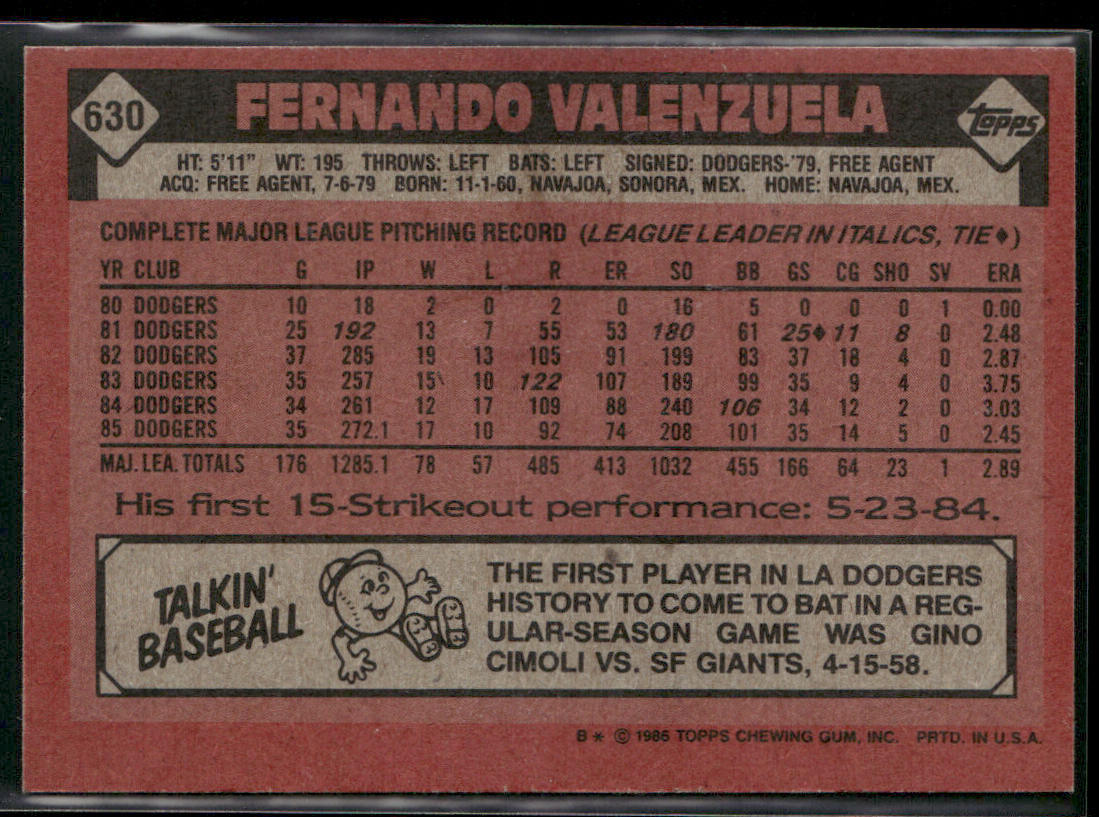 Fernando Valenzuela 1986 Topps #630 Los Angeles Dodgers