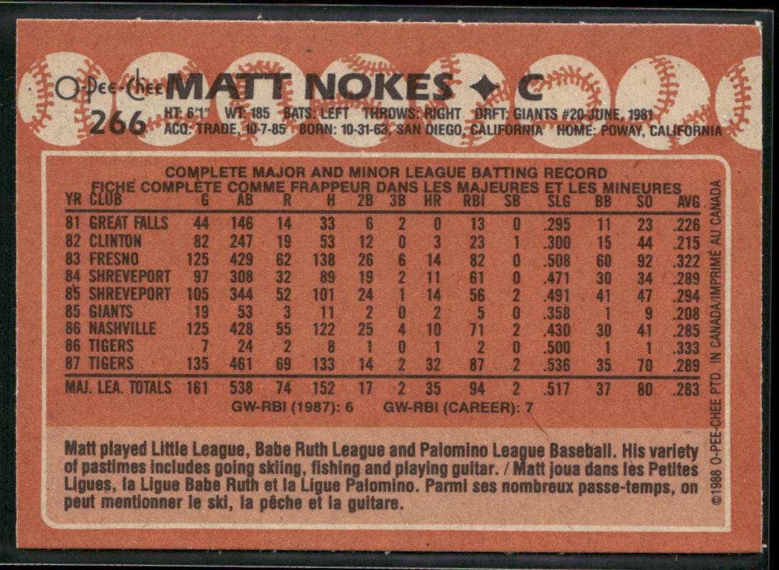 Matt Nokes 1988 O-Pee-Chee #266 RC Detroit Tigers
