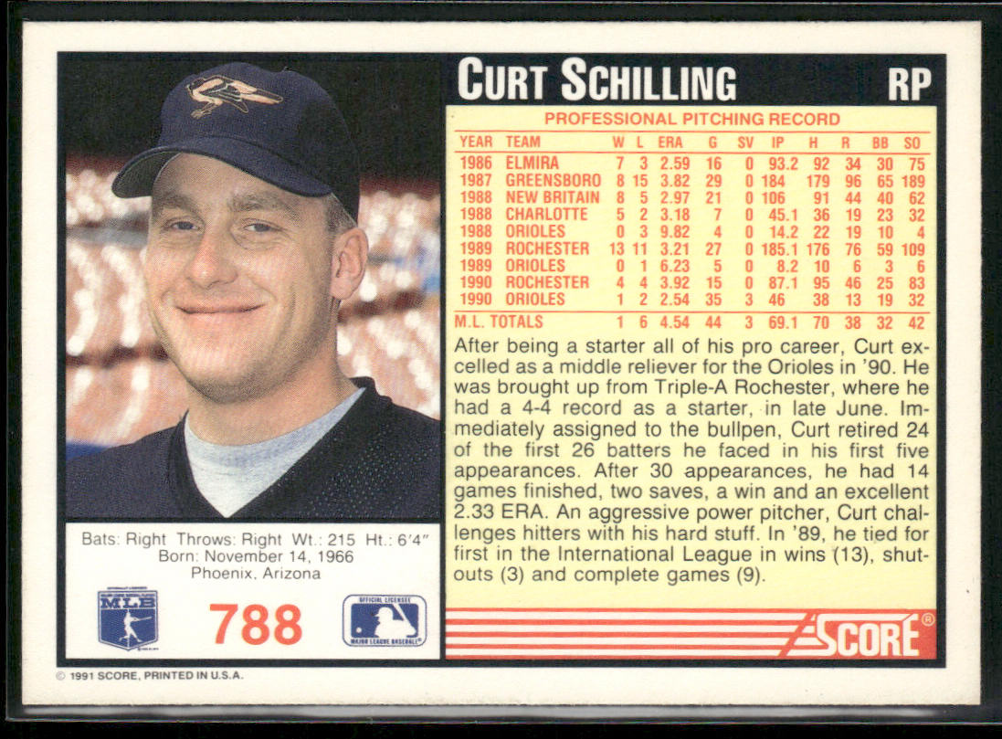 Curt Schilling 1991 Score #788 Baltimore Orioles
