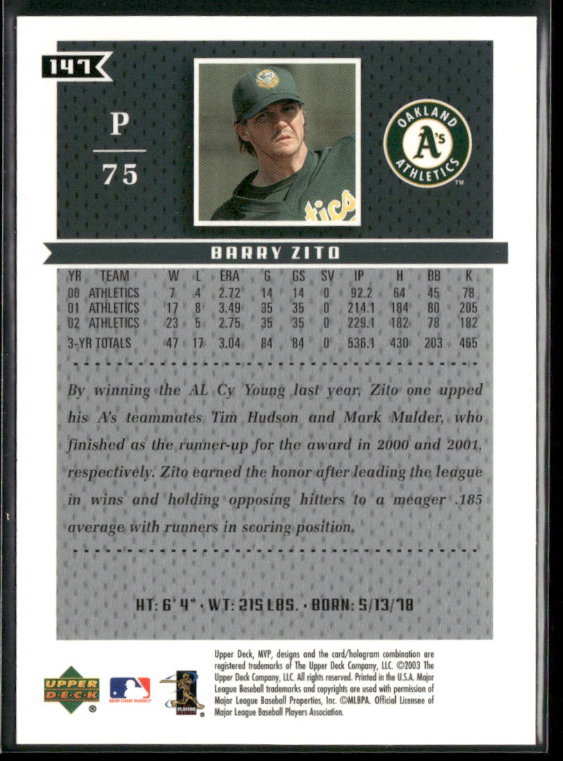 Barry Zito 2003 Upper Deck MVP #147 Oakland Athletics