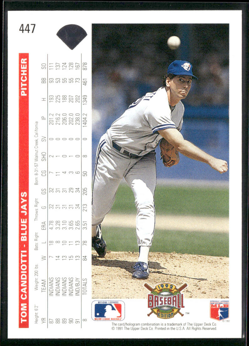 Tom Candiotti 1992 Upper Deck #447 Toronto Blue Jays