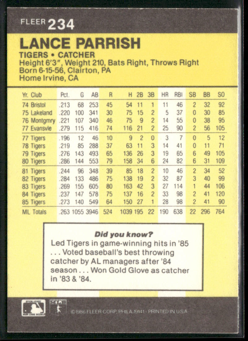Lance Parrish 1986 Fleer #234 Detroit Tigers