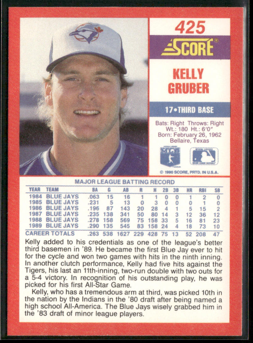 Kelly Gruber 1990 Score #425 Toronto Blue Jays